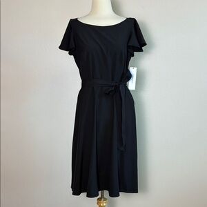 New CALVIN KLEIN Size 10 Black Ruffle Flutter Sleeve Shirt Midi Dress with‎ Sash